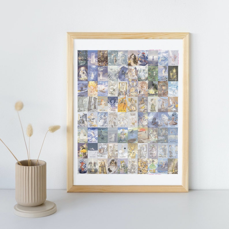 May include: A framed collage of 100 small, colorful, abstract paintings. The paintings are arranged in a grid pattern and feature a variety of colors, shapes, and textures.
