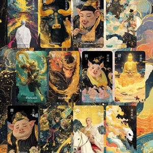 Puede incluir: Un conjunto de cartas de tarot con ilustraciones vibrantes. Cada carta muestra una imagen &uacute;nica con t&iacute;tulos como "Harvest", "Darkness" e "Influence". La obra de arte incorpora detalles dorados e im&aacute;genes detalladas, creando una est&eacute;tica m&iacute;stica.