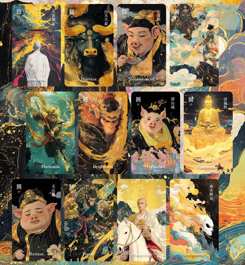 Puede incluir: Un conjunto de cartas de tarot con ilustraciones vibrantes. Cada carta muestra una imagen &uacute;nica con t&iacute;tulos como "Harvest", "Darkness" e "Influence". La obra de arte incorpora detalles dorados e im&aacute;genes detalladas, creando una est&eacute;tica m&iacute;stica.