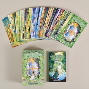 May include: A deck of "Forest Sprite Impirits" tarot cards fanned out, with two boxes. The cards feature colorful fantasy art. The boxes and card backs have a green leafy design with the title "Forest Sprite Impirits".