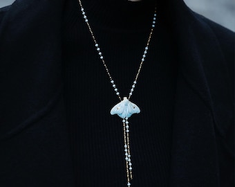 YIHE Handmade Ceramic Jewelry "Moth of Ash and Frost" (Necklace, Brooch, Ring & Earring)