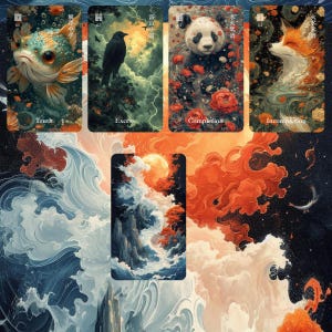 May include: A set of five rectangular oracle cards featuring artistic illustrations. The top row displays a fish labelled Truth, a crow labelled Excess, a panda labelled Completion, and a fox labelled Incompletion. The bottom card depicts a moonlit landscape.