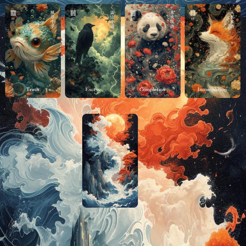 May include: A set of five rectangular oracle cards featuring artistic illustrations. The top row displays a fish labelled Truth, a crow labelled Excess, a panda labelled Completion, and a fox labelled Incompletion. The bottom card depicts a moonlit landscape.