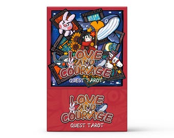May include: A red tarot card box with the words "LOVE AND COURAGE" and "QUEST TAROT" in a whimsical font. The top of the box features a colorful illustration with a whale, bunny, and other fantasy characters. The bottom of the box repeats the text.