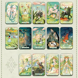 May include: A collection of tarot cards featuring watercolor illustrations. Each card displays a unique scene with figures, swords, and nature elements in a soft color palette. The cards are labeled with titles like "Ace of Swords" and "Queen of Swords".