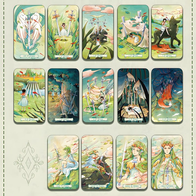 May include: A collection of tarot cards featuring watercolor illustrations. Each card displays a unique scene with figures, swords, and nature elements in a soft color palette. The cards are labeled with titles like "Ace of Swords" and "Queen of Swords".