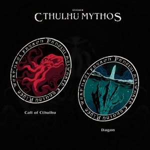 May include: Two round stickers with black borders and white text. The first sticker features a red octopus with the text "WGAR DAGL FH5AGN SCHUL HU MGLWNAFD PANGLUI QLYER W" around the octopus. The second sticker features a blue hand with the text "WGARDAGL FH5AGN MGLWNAFD PANGLUI QLYER W" around the hand.