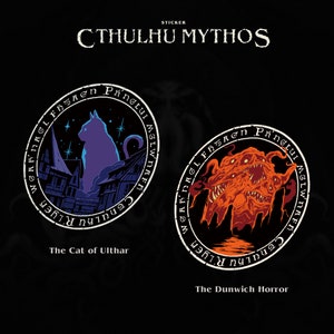 May include: Two round stickers with black borders and white text. The first sticker features a purple cat in front of a cityscape with stars. The text reads "SAFRAGL FH5AGn PinGLUI MGLWNAFD Ch LHU K LYE" and "The Cat of Ulthar". The second sticker features a red, multi-headed creature with sharp teeth. The text reads "PANGLUI ALYER WEAR DAGL FHTAen MGLWNAFD" and "The Dunwich Horror".