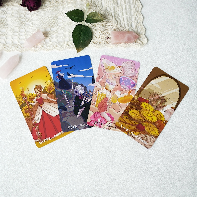 May include: Four illustrated cards with colorful designs. The first card features a woman in a long dress with a crown, surrounded by flowers and leaves. The second card shows a woman in a black dress with a crown, standing in front of a forest. The third card features a woman in a pink dress with a crown, surrounded by drinks and desserts. The fourth card shows a woman in a white dress with a crown, standing in front of a mirror with a reflection of a woman in a white dress.