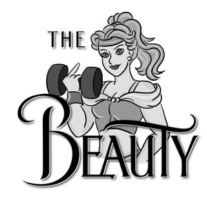 Puede incluir: Ilustración en blanco y negro de una mujer levantando pesas con el texto "THE BEAUTY" en una fuente estilizada.