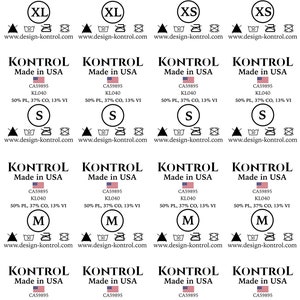 Puede incluir: Un conjunto de 12 etiquetas de ropa con la palabra "KONTROL" impresa en negro. Cada etiqueta incluye el texto "Made in USA", una designación de talla (XL, XS, S, M, L) y una dirección de sitio web: www.design-kontrol.com. Las etiquetas también incluyen el texto "50% PL, 37% CO, 13% VI" y un código de producto.