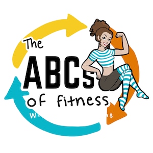 Puede incluir: Un logotipo para un programa de fitness llamado "The ABCs of fitness". El logotipo presenta a una mujer de dibujos animados con cabello castaño y una camisa a rayas azul y blanca, sentada con el brazo levantado en una pose de curl de bíceps. La mujer está ubicada dentro de un círculo de flechas, con las palabras "The ABCs of fitness" escritas en texto negro.
