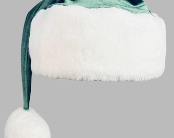 Luxurious Velvet Elf Hat - Holiday Green with Snow-White Faux Fur