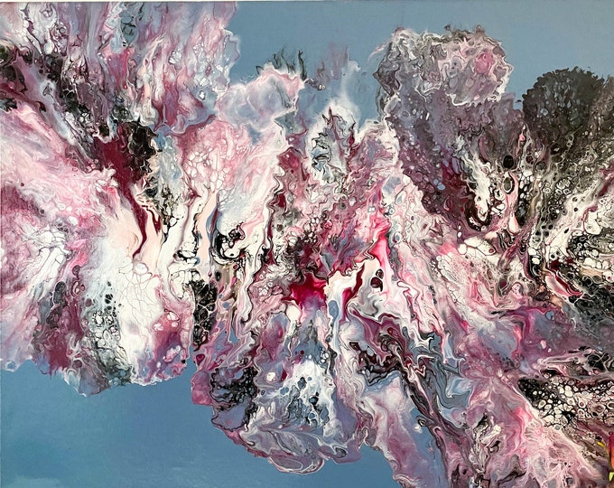 Featured listing image: Whimsical Melody - Acrylic Pour Painting; Magenta, Pink, Red, white, black on Blue Grey Background! Sealed in High Gloss Varnish! Stunning!
