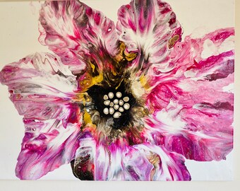 Acrylic Pour Painting - Acrylic Cells - Magenta, purple, metallic yellow, white, black. High gloss varnish seal.