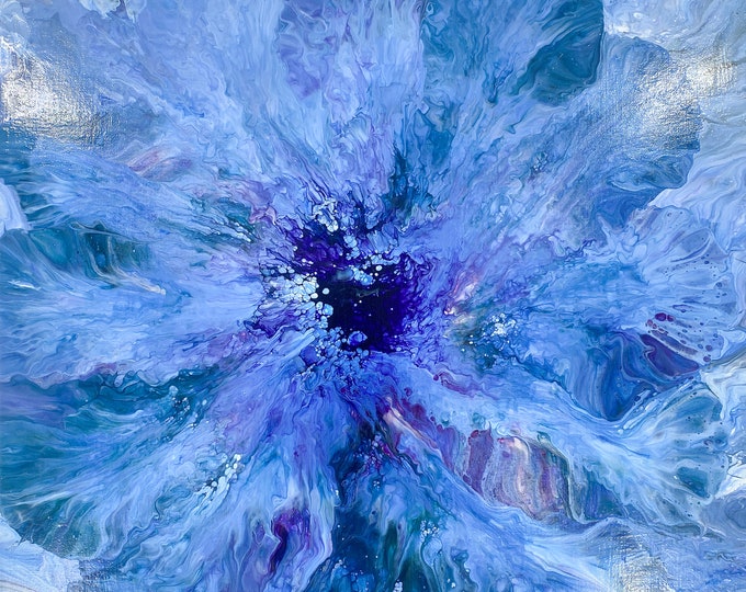 Featured listing image: Tropical Breeze - Large  24x24 Acrylic Pour Painting! Blues and Purples, High End Canvas; Multiple Techniques, Sealed High Gloss Varnish