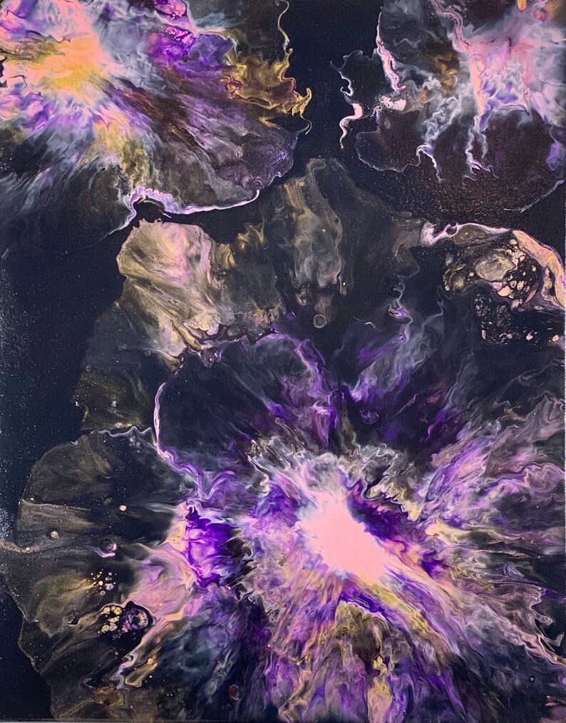 May include: Abstract painting with swirling purple, pink, and gold colors on a black background. The colors create a galaxy-like effect.