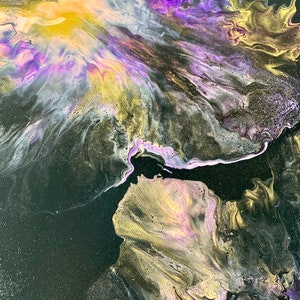 Acrylic Pour Painting - vibrant purple and pinks on black with high gloss varnish seal image 4