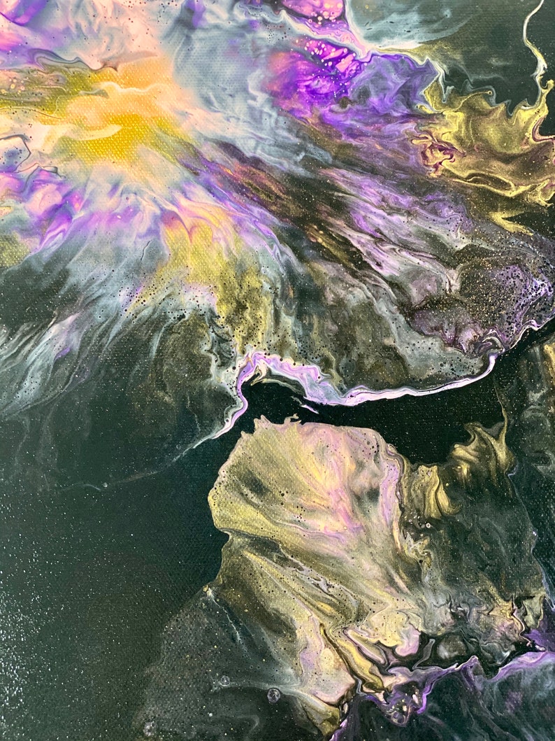 Acrylic Pour Painting - vibrant purple and pinks on black with high gloss varnish seal image 4