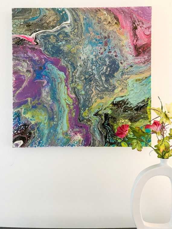 Show Stopping Large Acrylic Pour Painting Pinks Blues Etsy