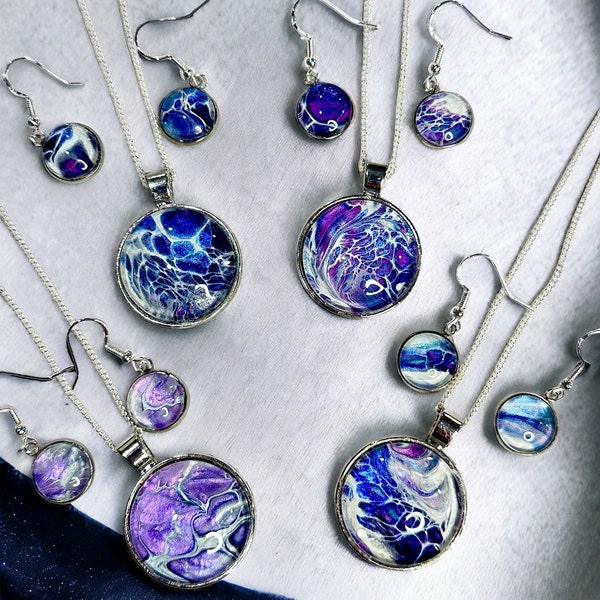 NEW Celestial Dance Acrylic Pour Jewelry Set - 18” 925 Silver