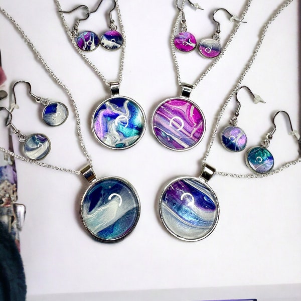 NEW Enchanted Whorls - Handpainted  acrylic Pour Jewelry Set - 18” 925 Silver