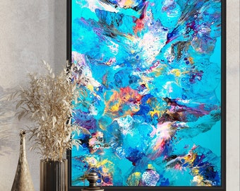 Acrylic Pour Painting - Vibrant Metallic and  Iridescent colors! Rainbow of colors on shimmery Turquoise background