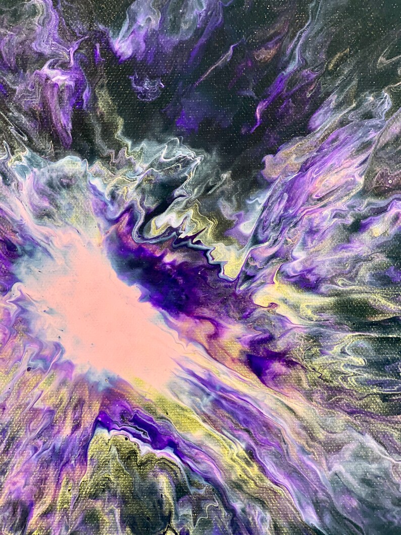 Acrylic Pour Painting - vibrant purple and pinks on black with high gloss varnish seal image 3