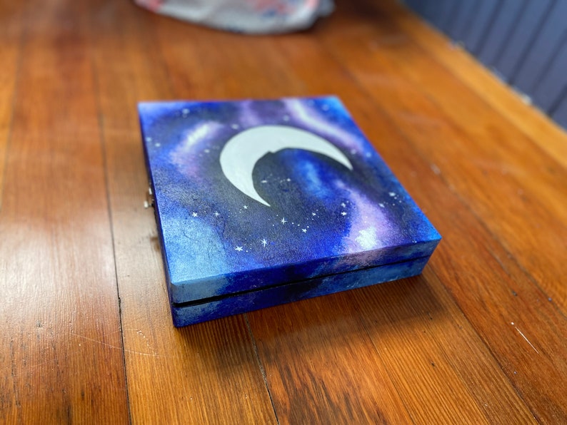 Nightsky Handpainted Trinket Box Moon and Stars Box Handpainted Jewelry Box Small Wooden Box Gift for her