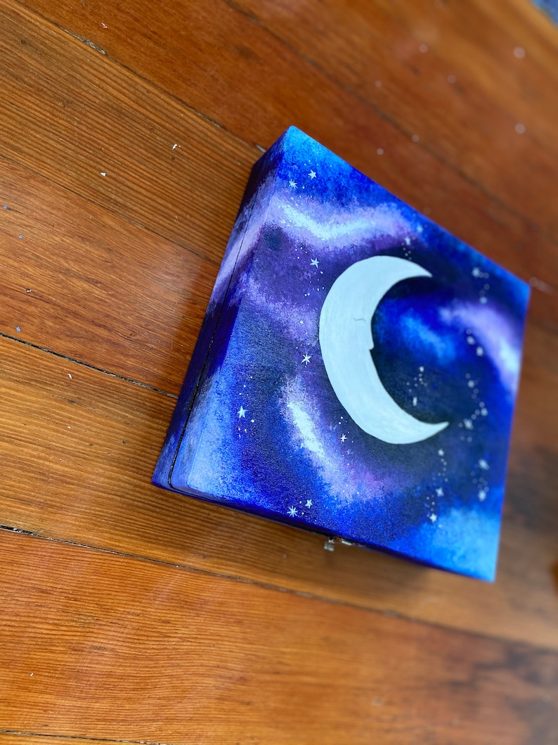 Nightsky Handpainted Trinket Box Moon and Stars Box Handpainted Jewelry Box Small Wooden Box Gift for her