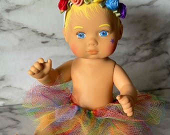 Custom Hand-Painted Art Doll, 8 Inch Mini Ballerina, Rainbow Tutu, Sparkly Eyes