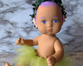 OOAK Repainted Art Baby Doll, 8 Inch Mini Fairy, Purple Hair, Handmade Outfit