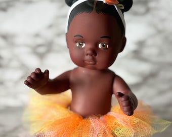 OOAK Repainted Baby Doll, 8 inch Mini, Afro Puffs, Handmade Tutu