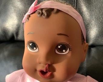 Inclusive OOAK Baby Doll with Cleft lip, Pink Dress, Special Needs Doll "Amelia"