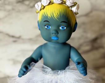 OOAK Blue Fantasy 8 Inch Baby Doll, Hand Dyed and Painted "Daisy"
