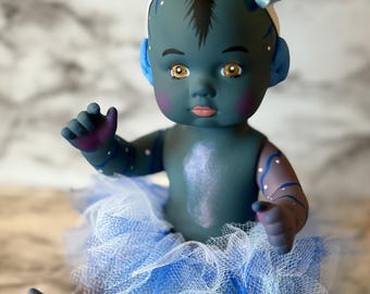 OOAK Blue Alien Fantasy 8 Inch Baby Doll, Hand Dyed and Painted, "Astoria"