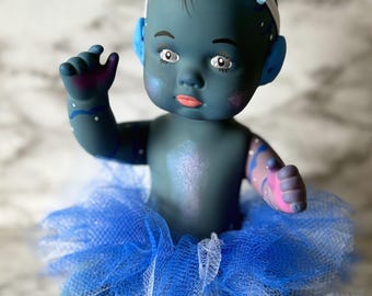 OOAK Blue Alien Fantasy 8 Inch Baby Doll, Hand Dyed and Painted, "Estrella"