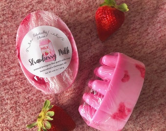 Strawberry Milk Scented Moosage Bar Style Soap, Pink Cow Spotted, Glitter, Detergent Free Massage Bar