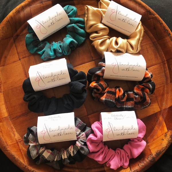 Handmade Upcycled Scrunchies Repurposed Fabric, Variety, Satin, Flannel, Cotton, Plaid Hair Ties