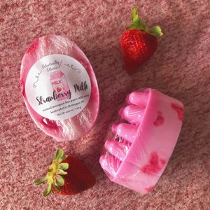 Strawberry Milk Scented Moosage Bar Style Soap, Pink Cow Spotted, Glitter, Detergent Free Massage Bar
