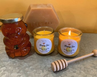 Honey Jar Scented Natural Soy Wax Candle, Long Burn Time, Sweet Scented, Bee Theme