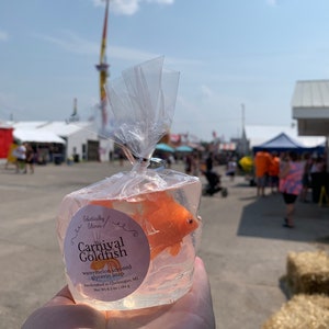 Carnival Goldfish In A Bag Soap, Clear Glycerin Base, Plastic Fish, Raspberry or Watermelon Scented, Summer Nostalgia