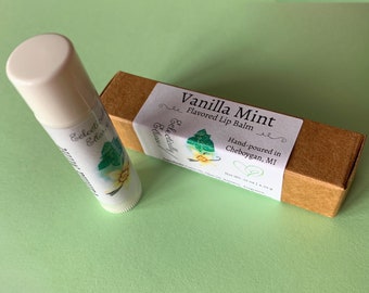 Vanilla Mint Flavored Lip Balm, Scented, Box Included, Homemade Lip Balm Stick, Clear Formula