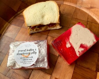 Peanut Butter and Strawberry Jelly Soap, PB&J Scented Goat's Milk and Glycerin Soap Bar, Layered, Novelty, Fun Gift Idea