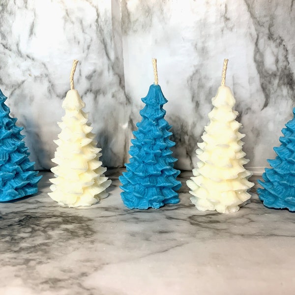 Christmas Tree Shaped Soy Wax Pillar Candles, Blue Spruce and Peppermint Mocha Scented Decorative Candles, Blue Christmas, White Christmas