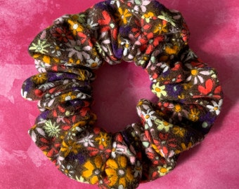 Handmade Floral Flannel Scrunchies, Brown, Pink, Yellow, Cotton Fabric Hair Accessory, Absorbent Scrunchie
