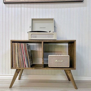 Large Record Player Stand MCM Table with Wooden Legs for Records Modern Unit Vinyl Record Storage