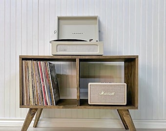 Large Record Player Stand MCM Table with Wooden Legs for Records Modern Unit Vinyl Record Storage