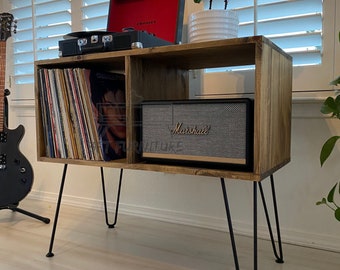 MCM Record Player Stand Table with Metal Hairpin Legs for Records Modern Unit