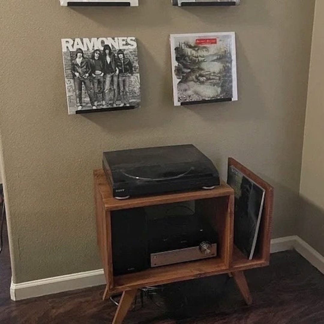 Mid Century Modern Vinyl Record Storage Turntable Stand Solid Wood